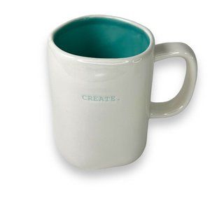 RAE DUNN CREATE ARTISAN COLLECTION MUG WHITE TEAL COFFEE CERAMIC